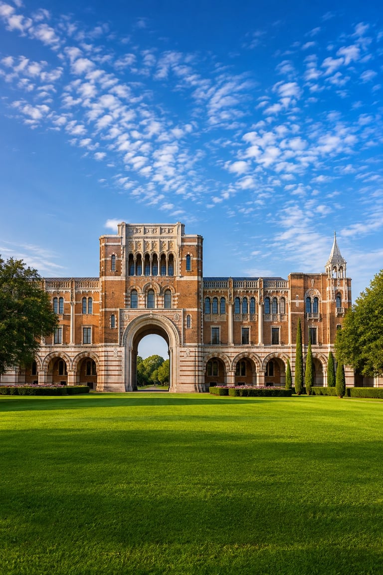 Gothic brick cathedral with ornate tower and arched entrance, surrounded by manicured lawn under blue sky with white clouds — independent campus housing information for RICE.