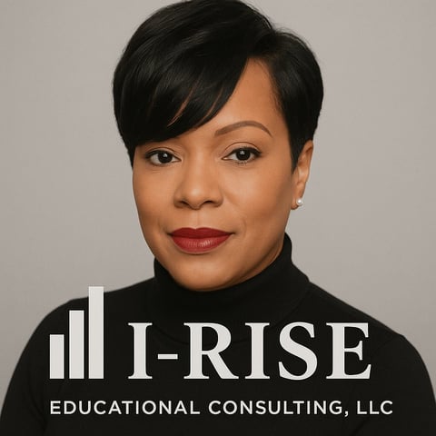 Professional headshot of a woman wearing black turtleneck with I-RISE Educational Consulting LLC logo and text overlay