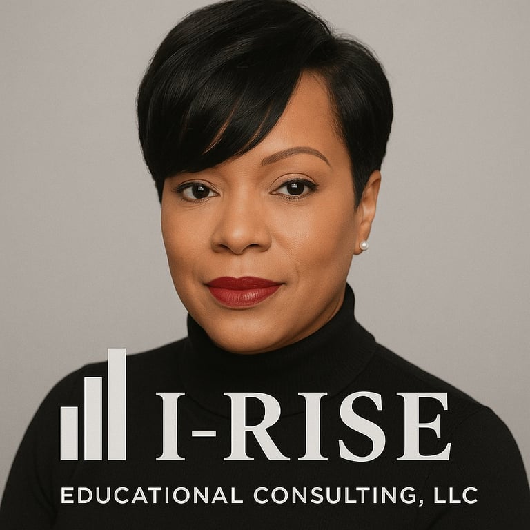 Professional headshot of a woman wearing black turtleneck with I-RISE Educational Consulting LLC logo and text overlay