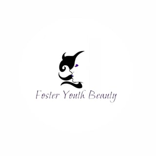 Foster Youth Beauty logo featuring a stylized black silhouette profile with decorative elements and purple accent