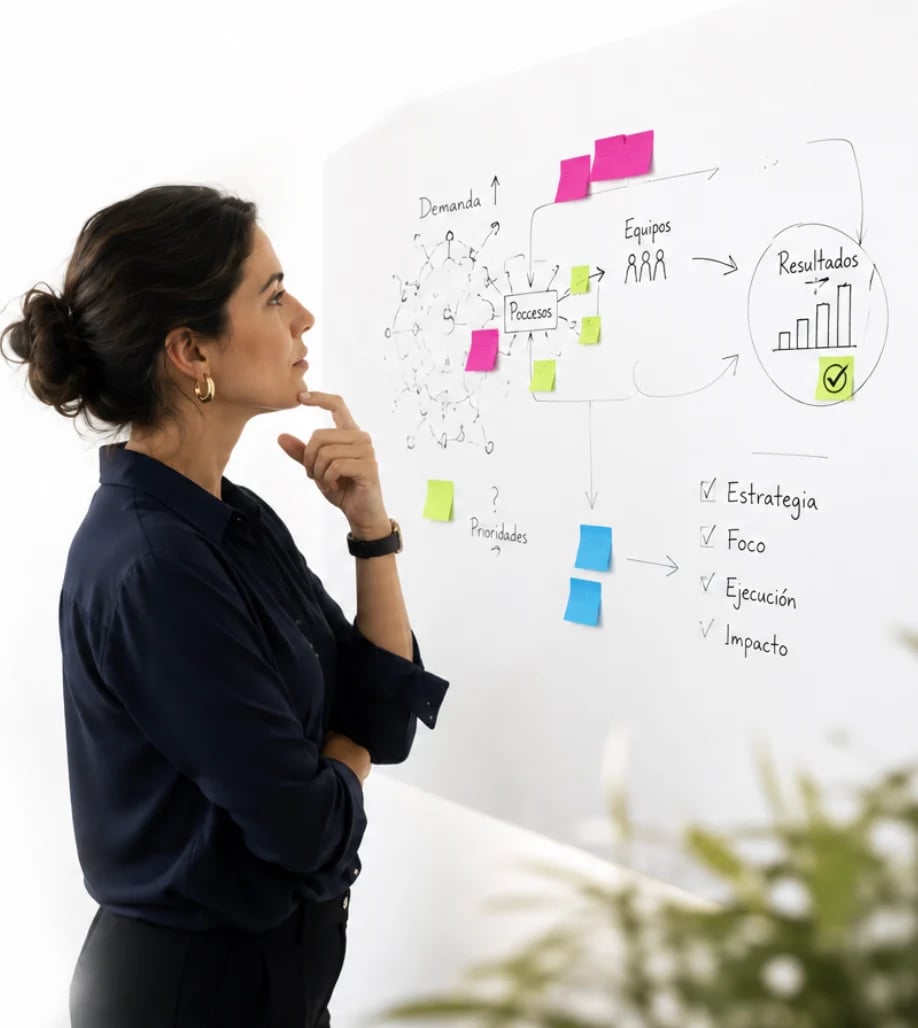 Woman with hand to chin studying a business strategy diagram with colorful sticky notes and flowchart on a whiteboard