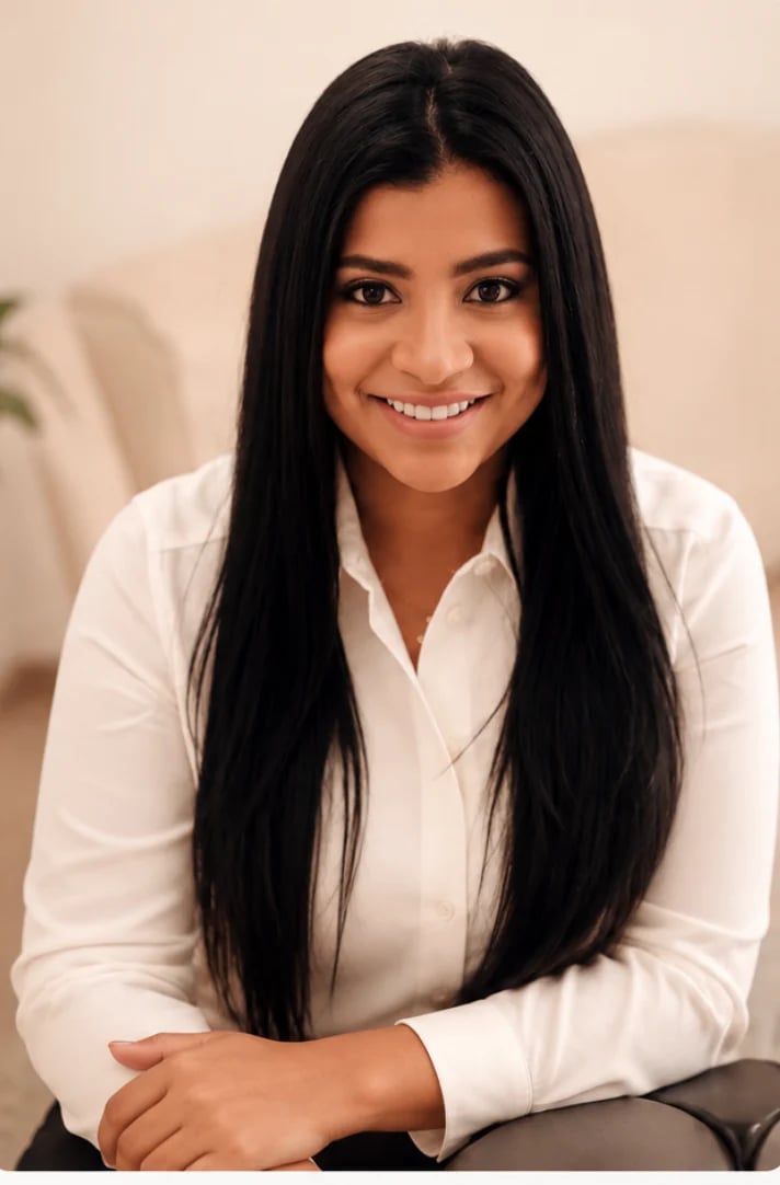 Woman with long black hair wearing a white button-up shirt, smiling at camera in an indoor setting.