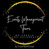 Events Management Team logo with gold circle frame on black background, tagline We Create You Celebrate by Travel With Emad