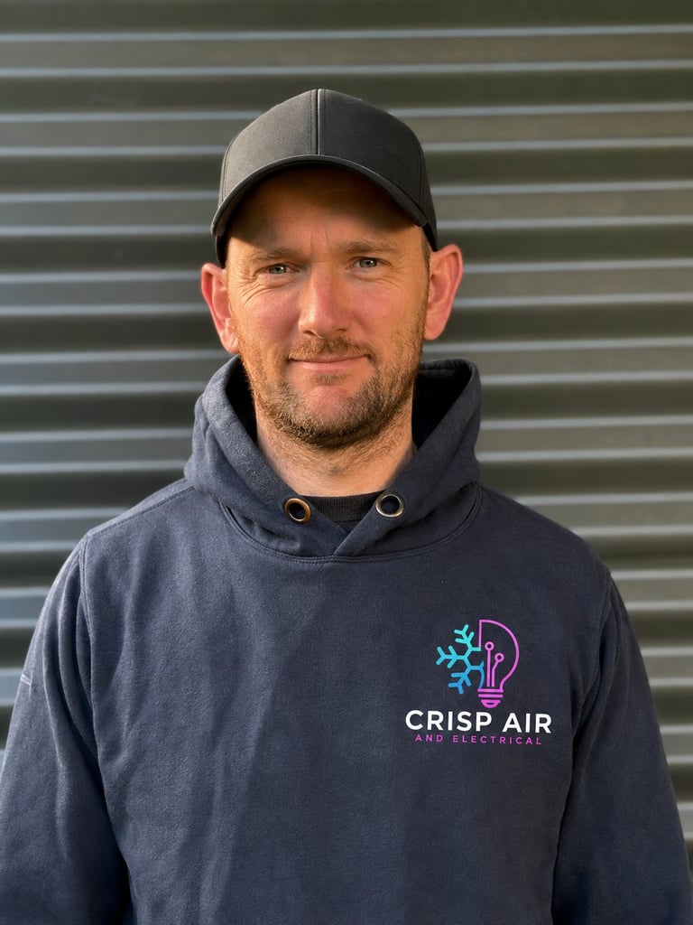 Tom, Electrical Specialist at Crisp Air and Electrical, wearing gray cap and dark hoodie