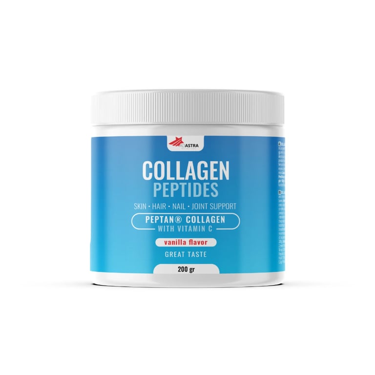 Blue container of collagen peptides powder with white lid, vanilla flavor, 200g size