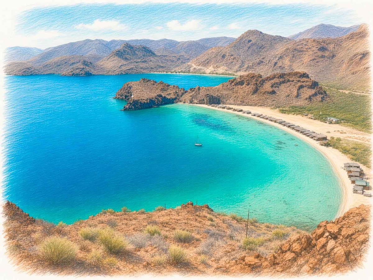 Vista aérea de Playa El Burro en Bahía Concepción: caleta de arena dorada con casas y servicios básicos en la orilla, agua turquesa protegida y montañas áridas circundantes