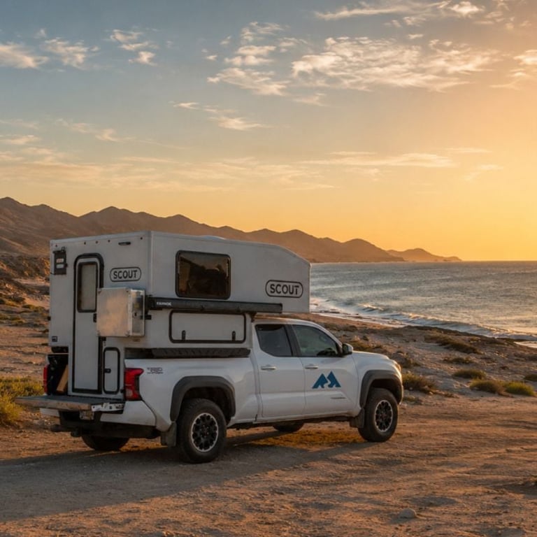 White truck camper parked on a sandy beach at sunset with mountains and ocean in the background