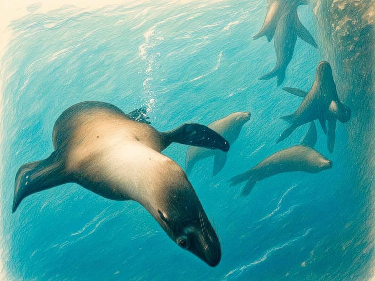 Lobos marinos nadando bajo el agua en aguas turquesa, vistos desde arriba con la luz del sol filtrándose por la superficie