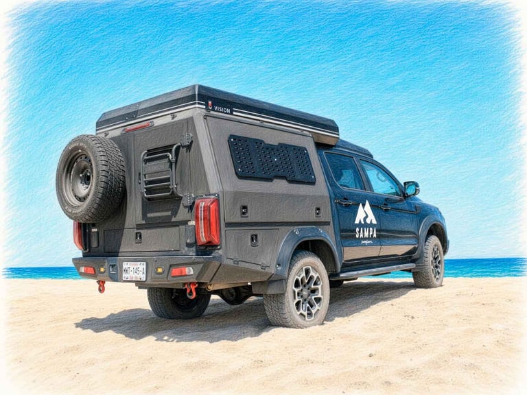 Blue and gray expedition camper van with roof rack parked on sandy beach with ocean and clear sky in background