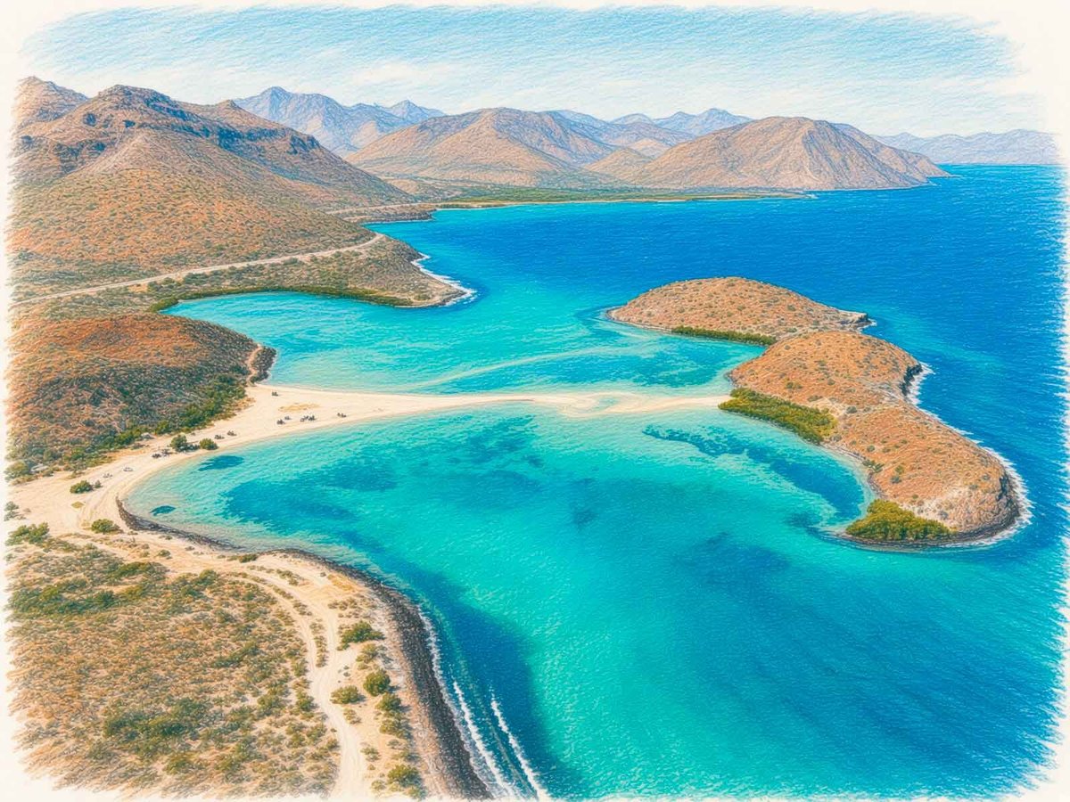 Vista aérea de Playa El Requesón: lengua de arena blanca que conecta la costa con islotes, laguna interior de agua turquesa cristalina y montañas áridas de Bahía Concepción de fondo
