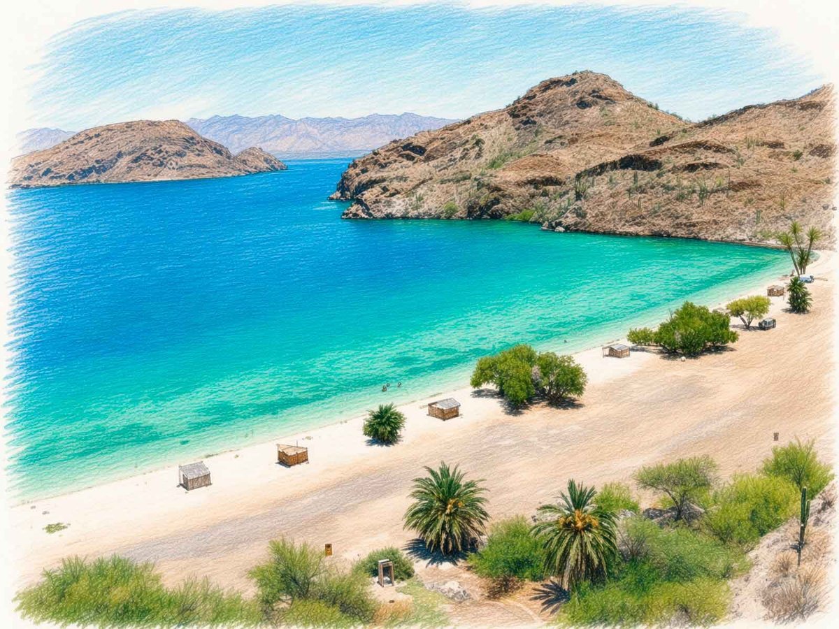 Vista panorámica de Playa El Coyote: bahía de arena dorada con palmeras y matorral verde, aguas turquesas y colinas rocosas áridas bajo un cielo azul despejado