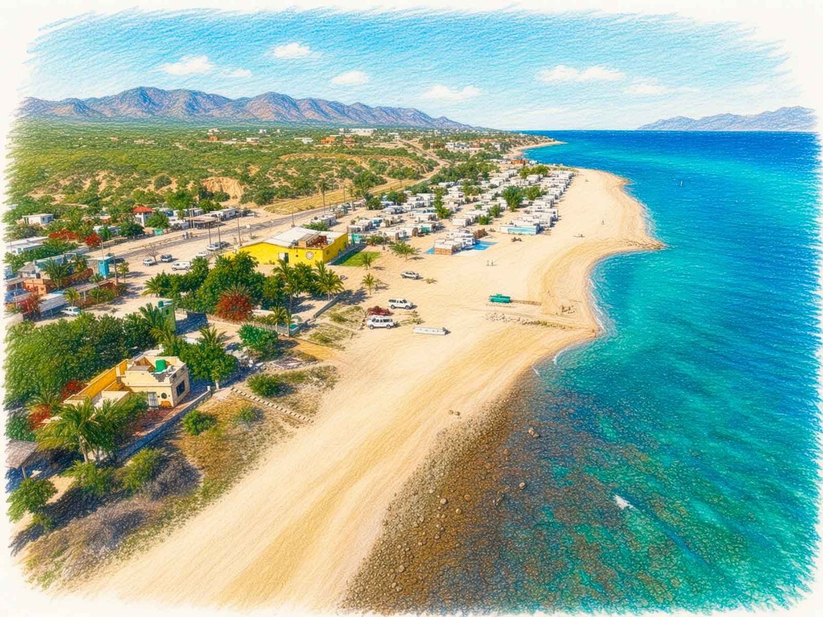 Vista aérea de Playa Central en La Ventana: pueblo costero con casas y servicios sobre la arena dorada, mar turquesa del Mar de Cortés e Isla Cerralvo al fondo con la sierra desértica