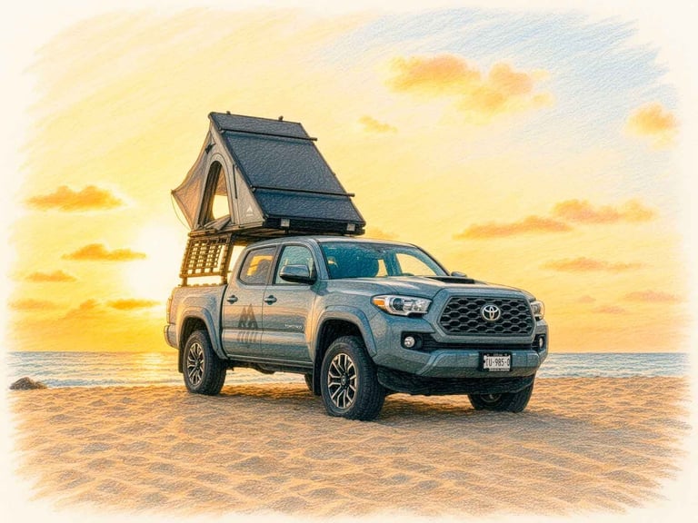 Toyota pickup truck with roof tent camping on beach at sunset with golden sky and clouds