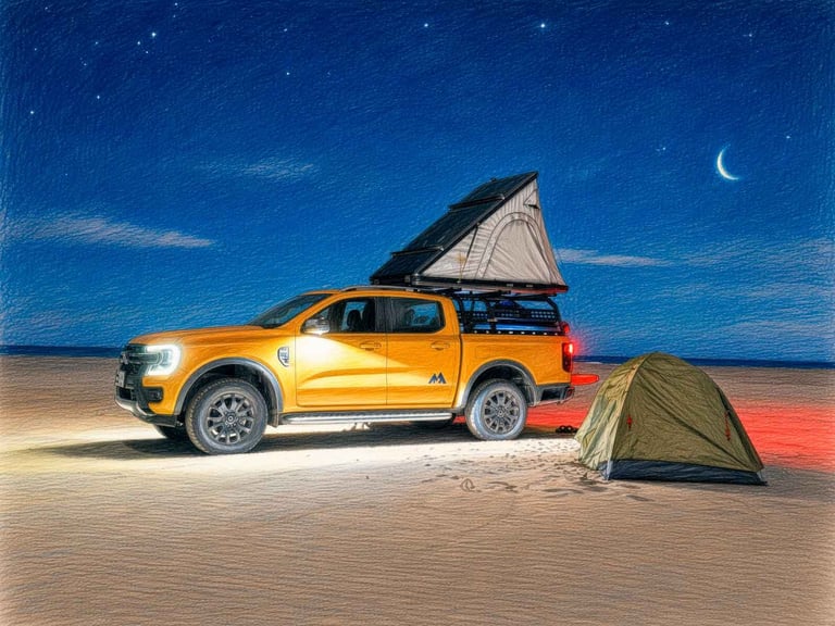 Yellow pickup truck with roof tent set up on desert beach at night with crescent moon and small tent nearby
