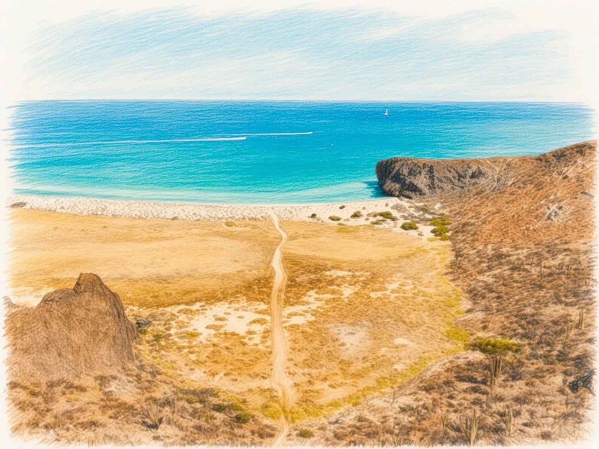 Vista aérea de Playa El Tecolotito: pequeña caleta aislada de arena clara rodeada de acantilados y sendero de tierra que baja por el terreno árido hasta el mar turquesa