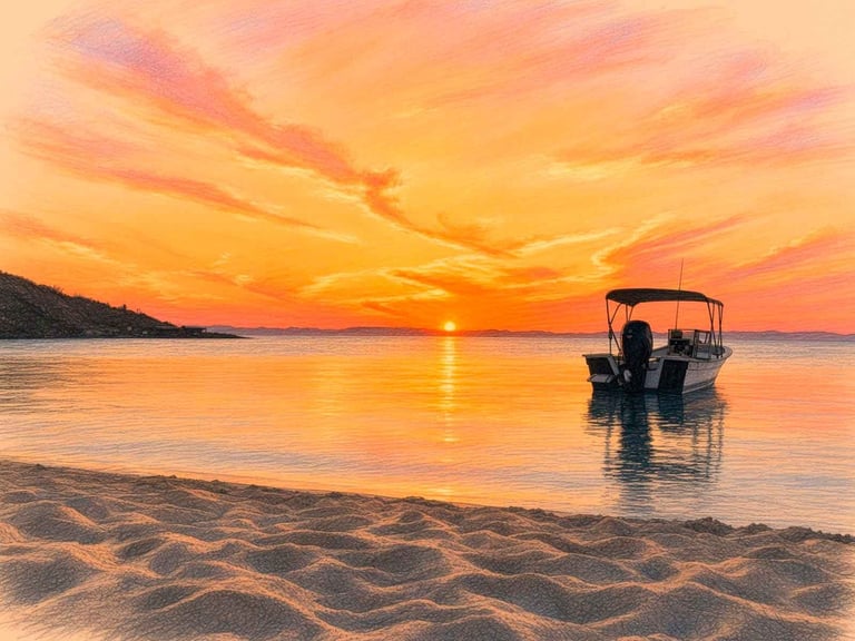 Lancha anclada en aguas tranquilas al atardecer, con el cielo dorado reflejándose en la arena y el oleaje del mar
