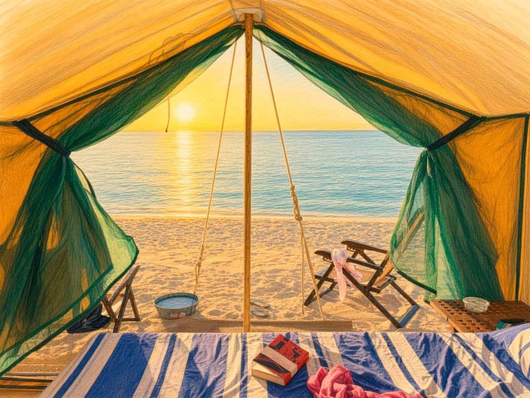 Vista desde el interior de una tienda de glamping con dos personas relajándose en sillas, con el océano y el atardecer de fondo
