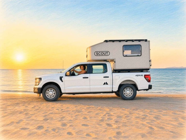 White pickup truck with Scout camper parked on a beach at sunset over calm ocean waters