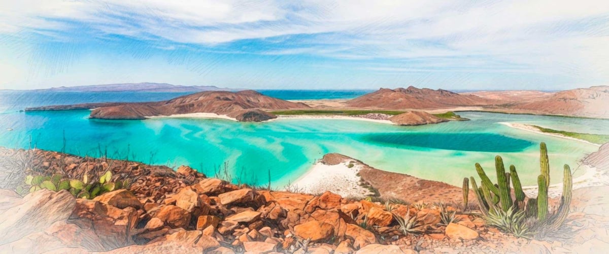 Vista aérea de una laguna turquesa y playas de arena rodeadas de terreno desértico rocoso con vegetación de cactus dispersa