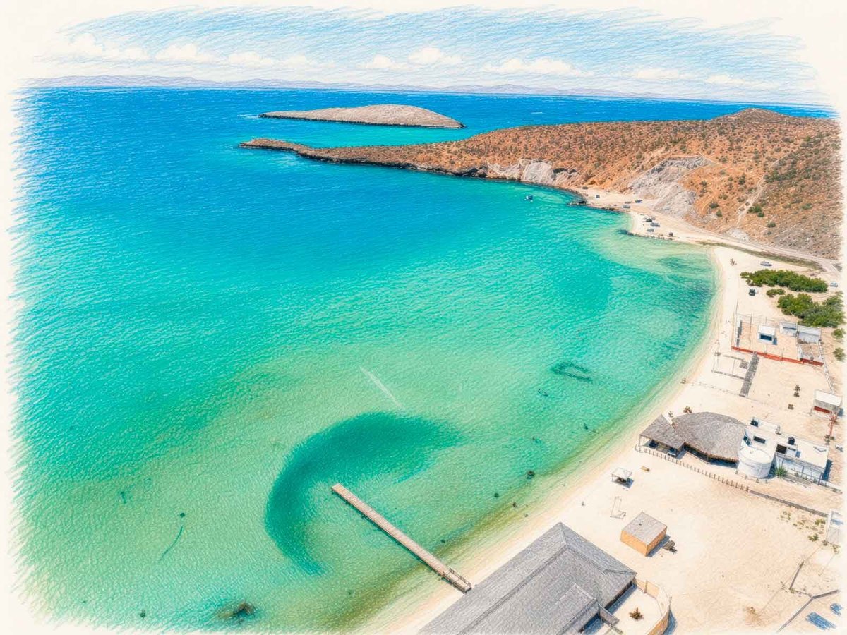 Vista aérea de Playa Pichilingue: caleta con agua turquesa, arena blanca, acantilados rocosos y un muelle de madera que se extiende sobre el mar cristalino