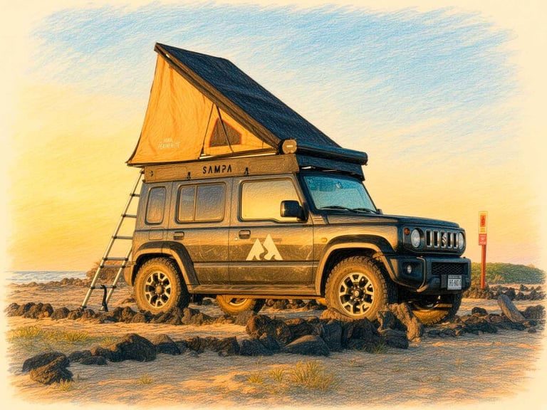Yellow Suzuki Jimny SUV with pop-up tent roof parked on sandy beach at sunset, adventure travel illustration
