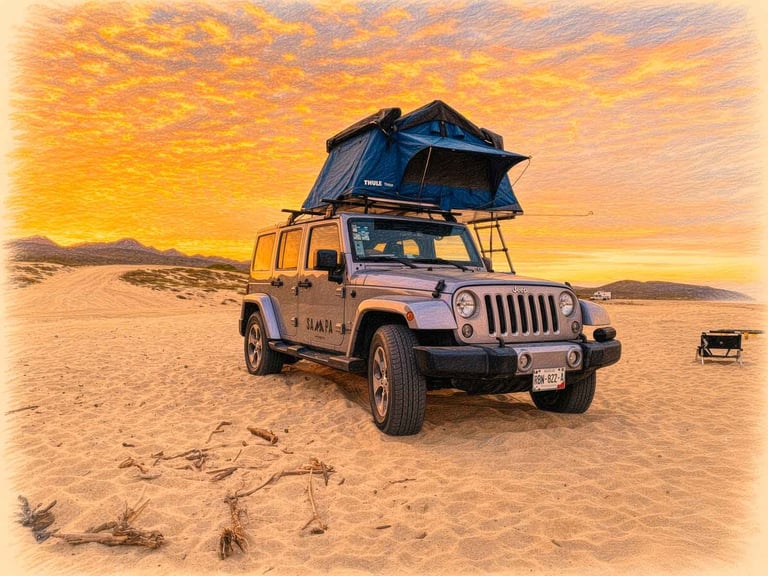 Blue Jeep with roof tent parked in desert at sunset with golden sky and distant mountains