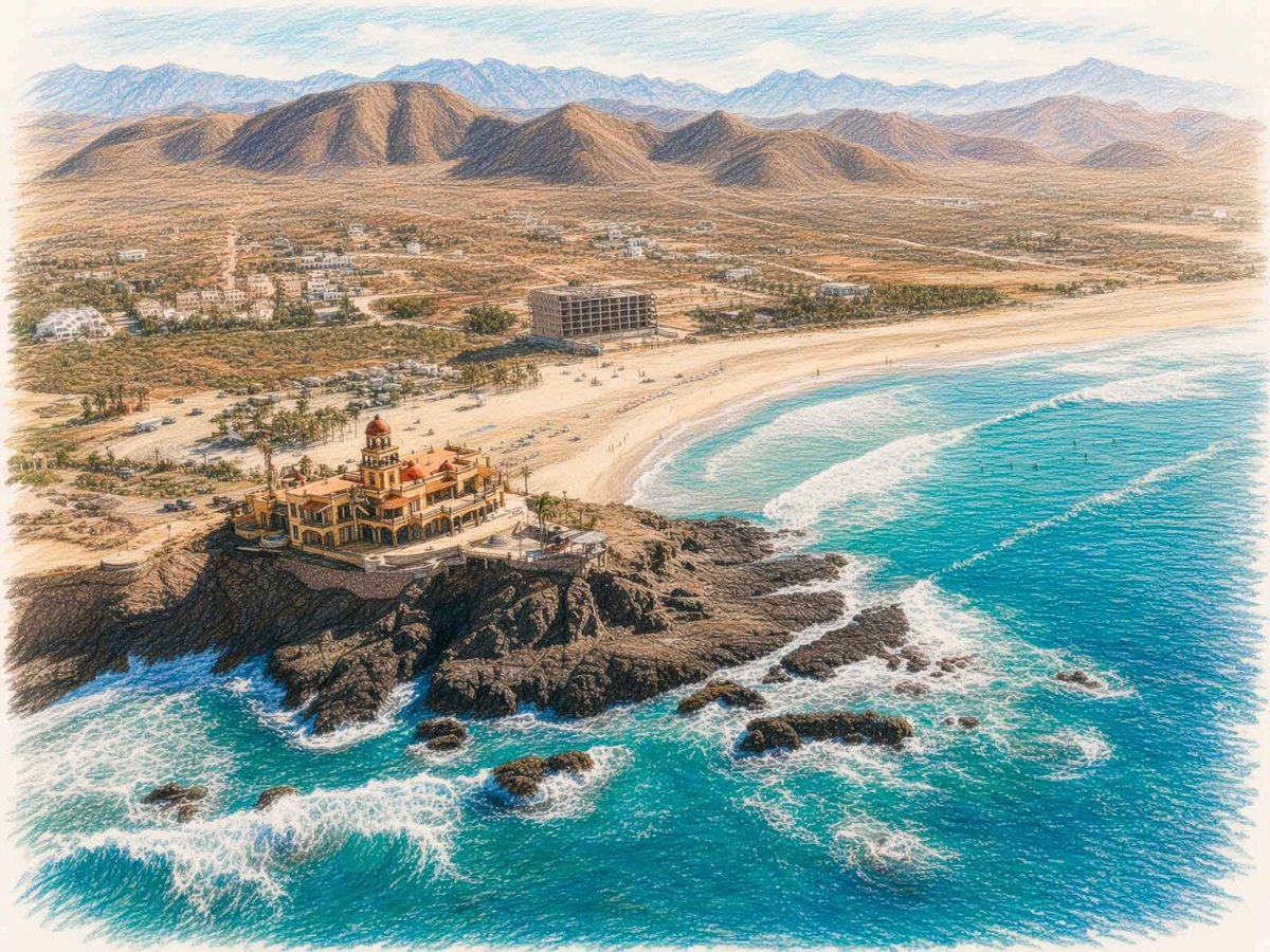 Vista aérea de Playa Cerritos: pueblo costero con playa abierta al Pacífico, olas turquesas rompiendo, acantilados rocosos y montañas desérticas de fondo