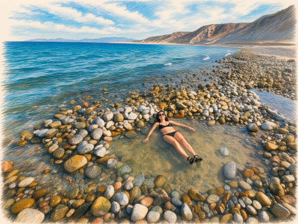 Persona flotando en las aguas termales someras de Playa Agua Caliente, rodeada de cantos rodados y montañas del Mar de Cortés al fondo