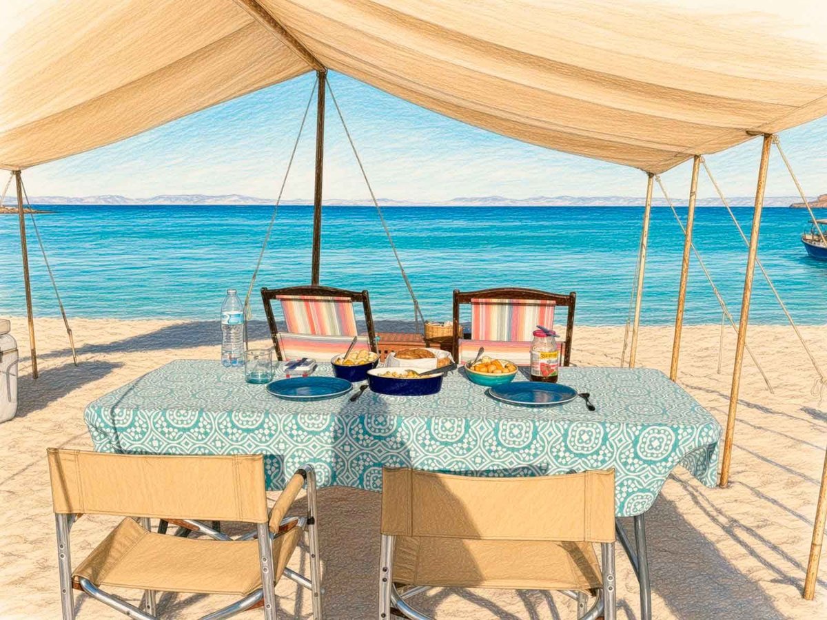 Tienda del Campamento Isla Espíritu Santo frente al mar, con mesa de comedor, dos reposeras y vista al océano bajo un toldo color crema
