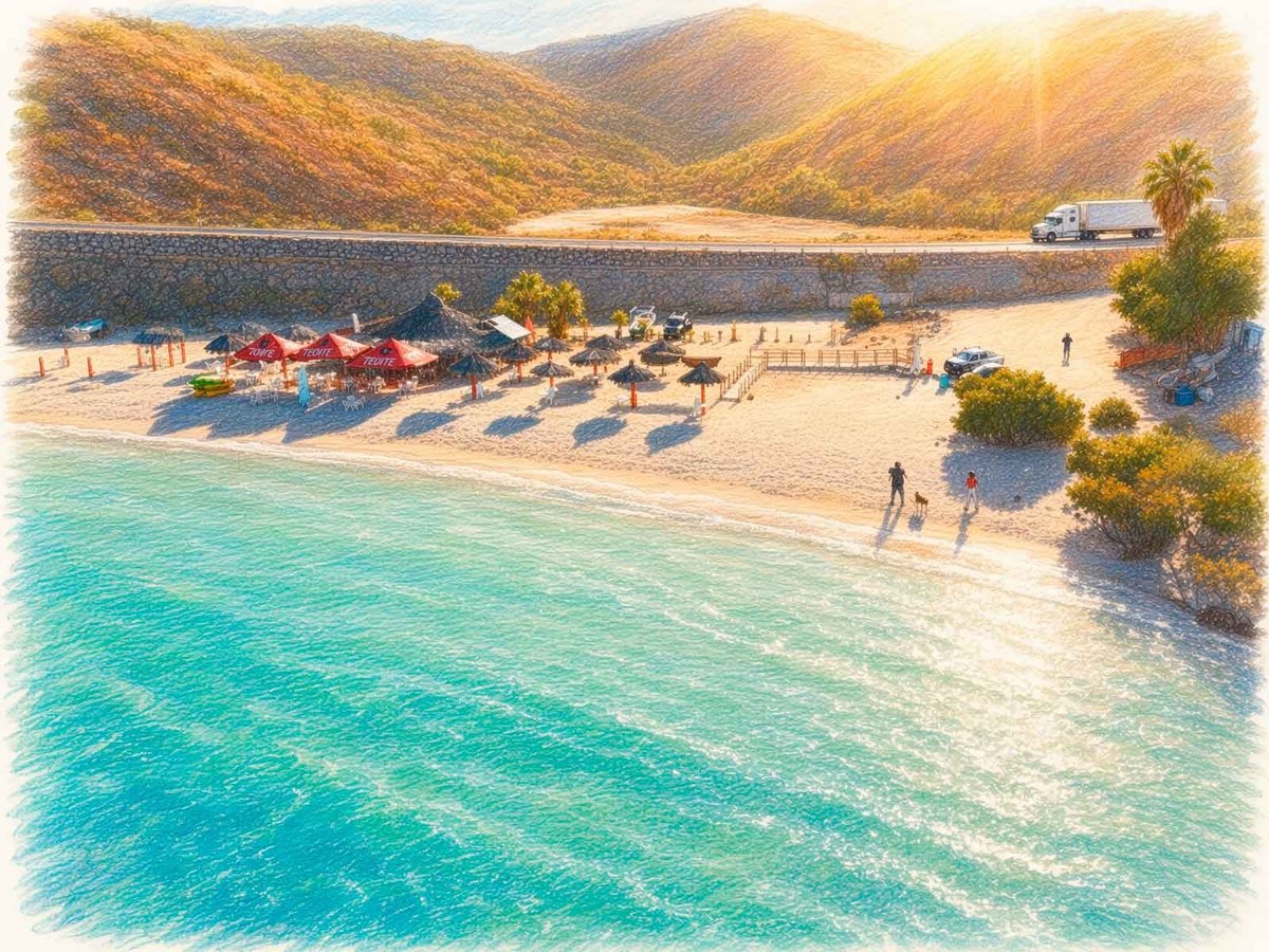 Playa El Tesoro con agua turquesa, arena dorada, palmeras, palapas y sillas de descanso frente a montañas desérticas al atardecer