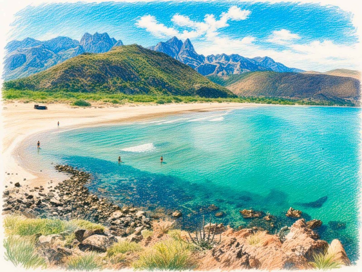 Vista panorámica de Playa El Juncalito: bahía de arena dorada con palmeras, agua turquesa y la sierra verde de la Sierra de la Giganta al fondo bajo un cielo azul con nubes