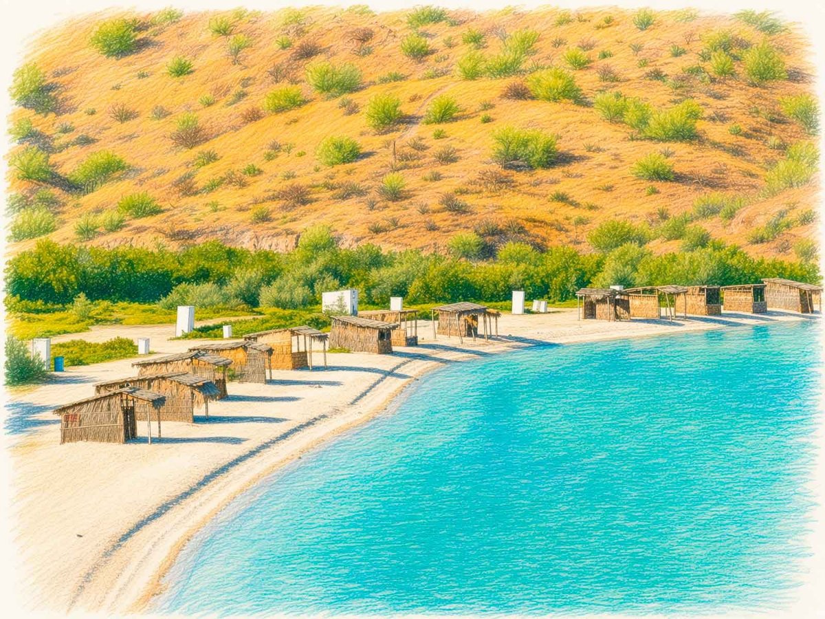 Vista de Playa Los Cocos en Bahía Concepción: cabañas de palma sobre la arena dorada, mangle verde y aguas turquesas protegidas frente a una ladera árida con matorral desértico