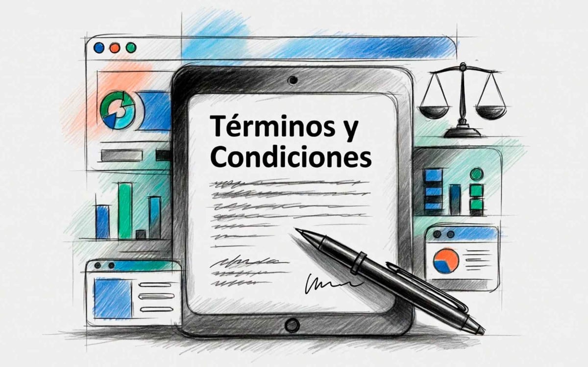 Digital tablet displaying Terms and Conditions in Spanish, surrounded by business icons including charts, scale, and documents