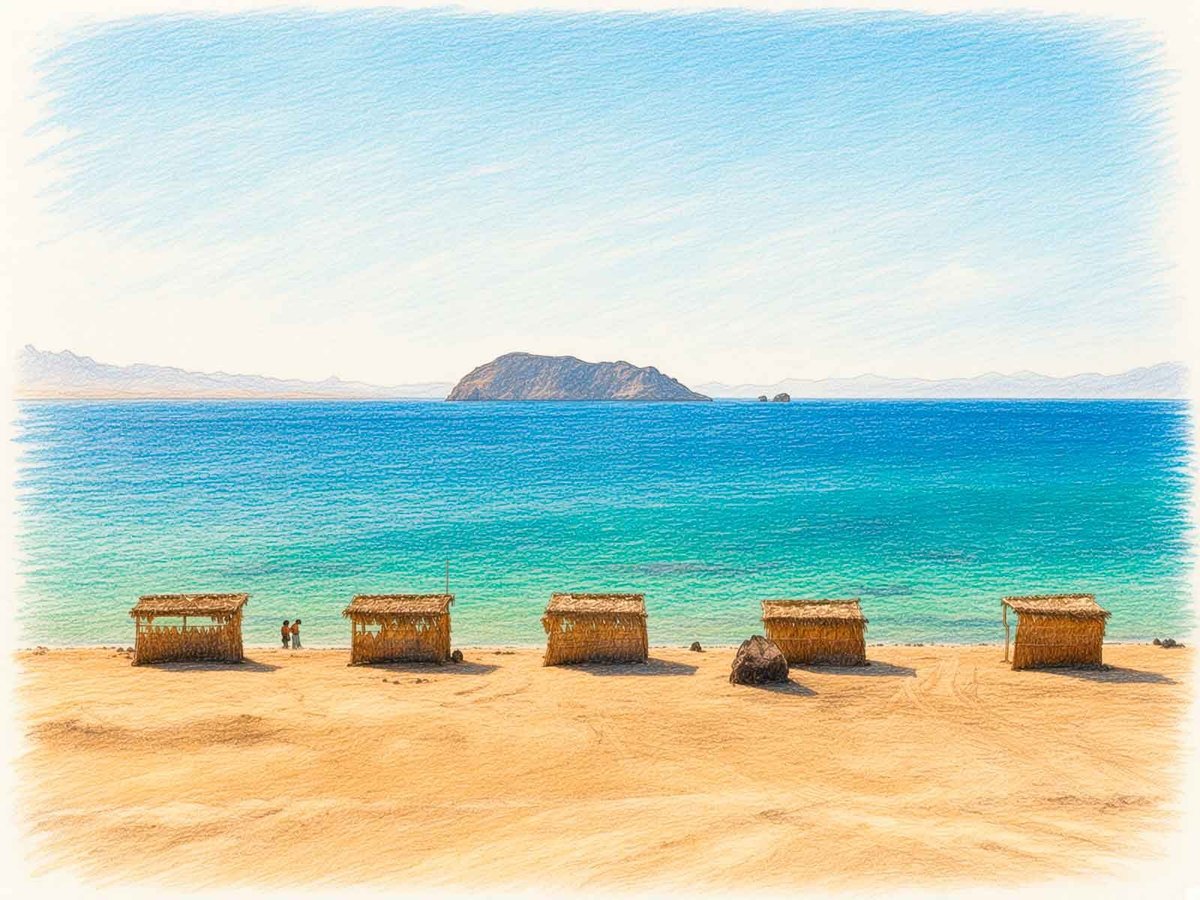 Vista panorámica de Playa Santispac en Bahía Concepción: cinco palapas de palma sobre la arena dorada, mar turquesa y una isla desértica al fondo bajo un cielo despejado