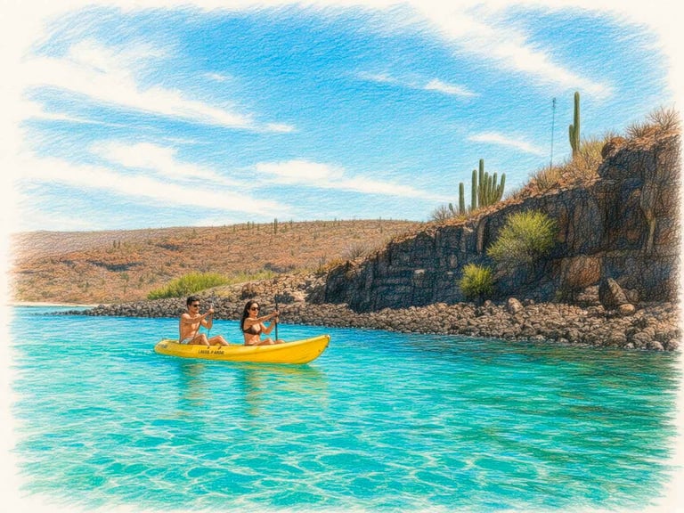 Kayak amarillo con turistas en aguas turquesa cerca de la costa desértica con cactus y acantilados rocosos