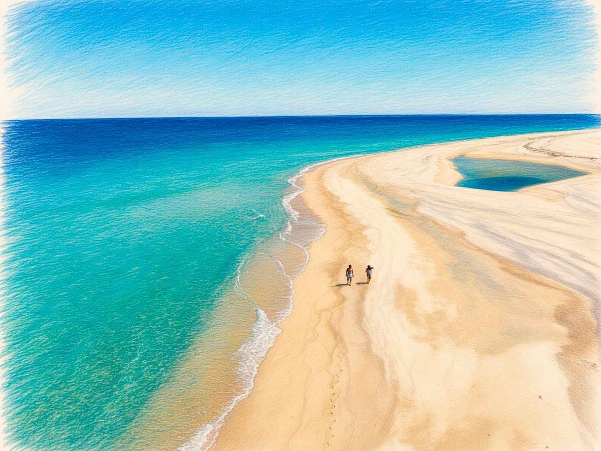 Vista aérea de Playa Punta Arena: lengua de arena dorada casi virgen con dos personas caminando, una pequeña laguna junto al mar turquesa y horizonte despejado