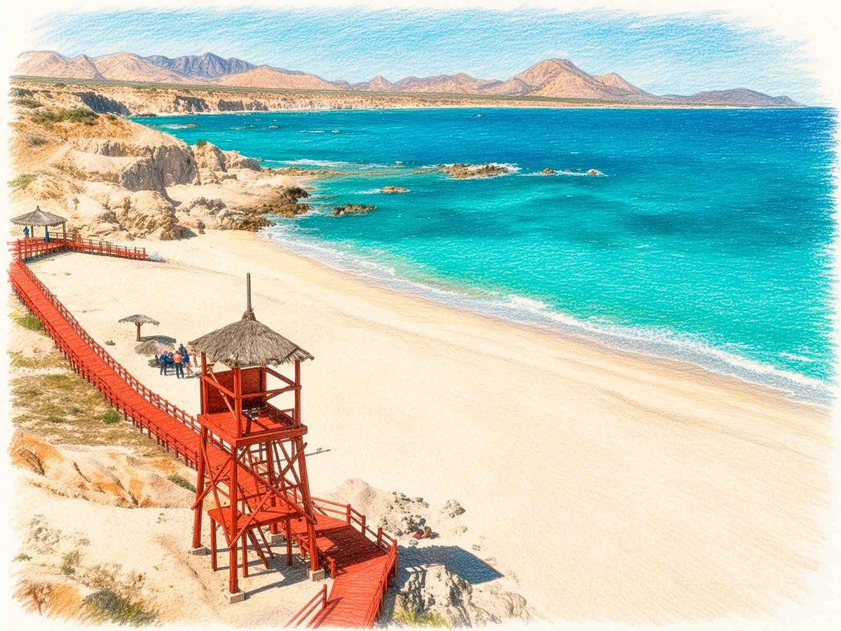 Torre de salvavidas roja sobre la arena dorada de Playa El Arbolito, con pasarela de madera, aguas turquesas y la costa rocosa y montañosa de Cabo Pulmo de fondo