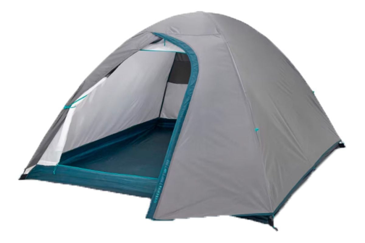 Gray dome tent with teal accents and open entrance door on white background