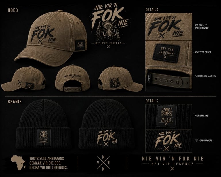 Product showcase of distressed tan baseball cap and black ribbed beanie with NIE VIRN FOK NIE branding and logo details