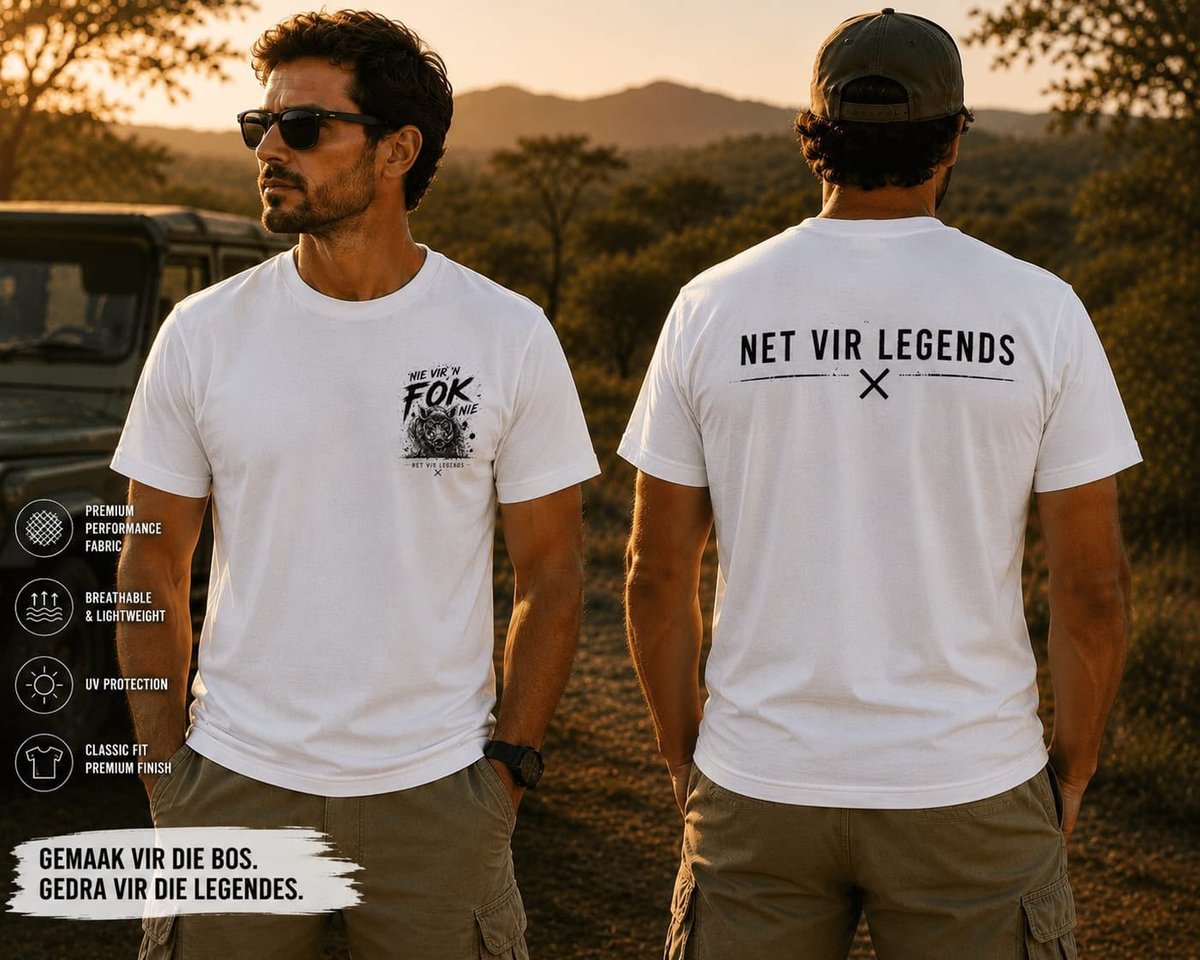 Two men wearing white t-shirts standing outdoors with mountains in background, showcasing front and back designs of the Net Vir Legends collection