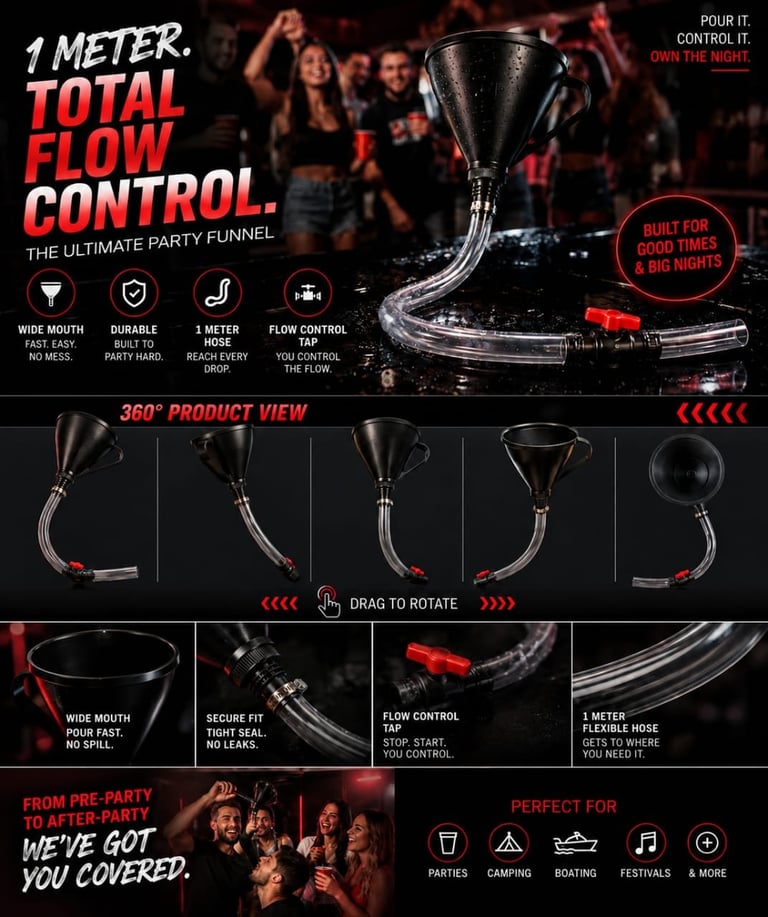 Product infographic for a 1-meter party funnel with 360-degree views showing wide mouth design, durable tubing, flow control valve, and flexible hose specifications