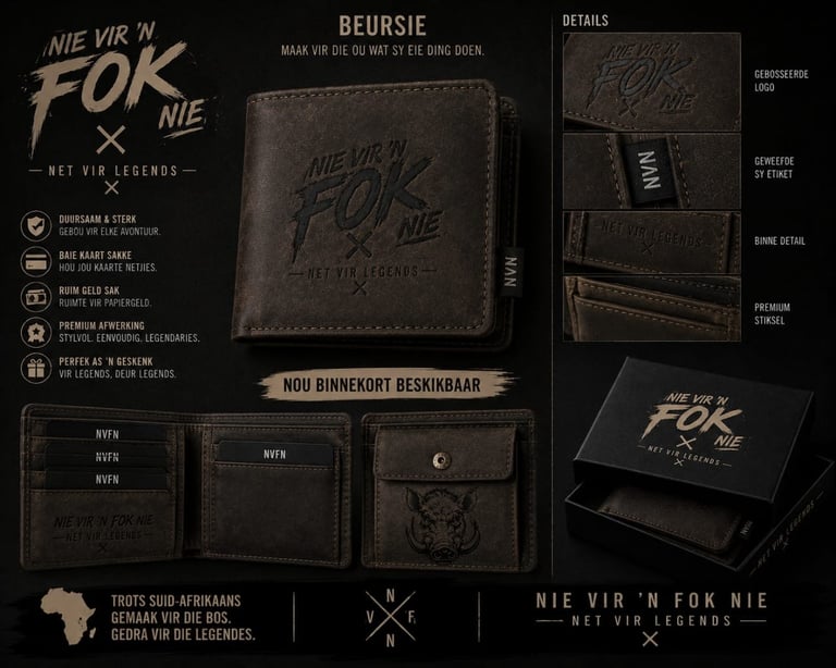 Brown leather wallet product display showing front, back, and inside details with Afrikaans branding and card slots