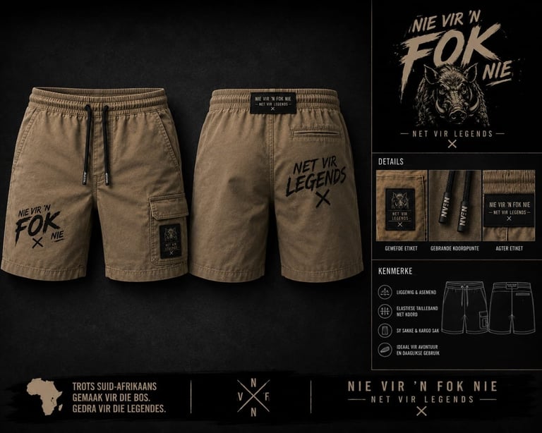 Khaki cargo shorts displayed front and back with FOK NIE branding and product details showing features like double pockets and drawstring waistband