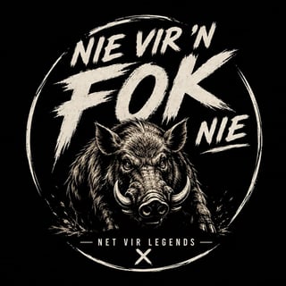 Circular logo with wild boar illustration and South African text Nie Virn Fok Nie with Net Vir Legends at bottom on black background