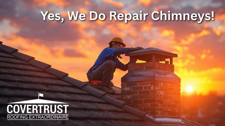 Worker in blue jacket repairing brick chimney on roof at sunset with company logo and text Yes, We Do Repair Chimneys!