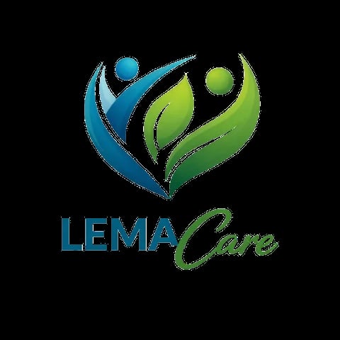 LEMA Care logo met blauwe en groene menselijke figuren die gestileerde bladeren vasthouden op zwarte achtergrond