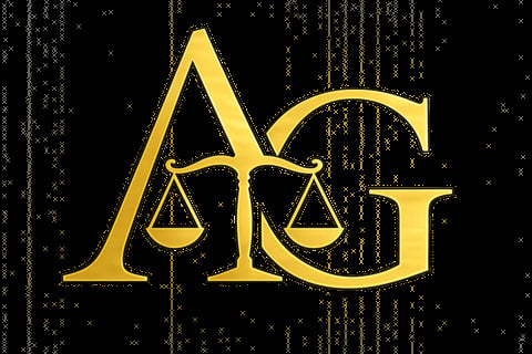AG logo with golden scales of justice on black digital background