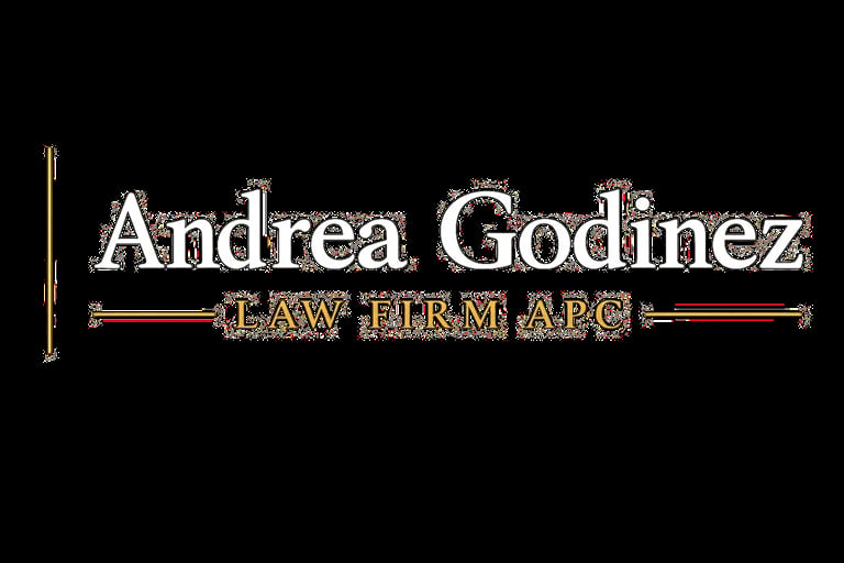 Andrea Godinez Law Firm APC logo with elegant white and gold text on black background