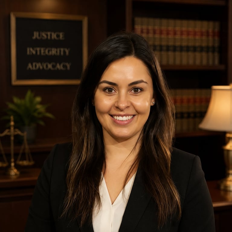 Professional headshot of a smiling woman in a black blazer and white blouse in a law office library with legal books and Justice, Integrity, Advocacy sign visible.