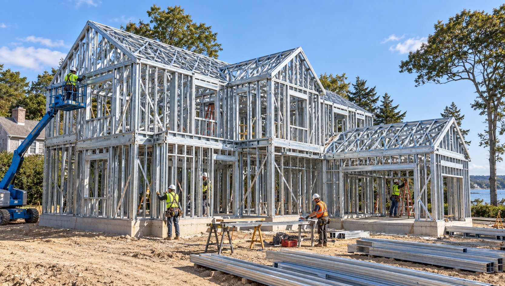 New residential house under construction with metal framing, workers, and blue crane on site